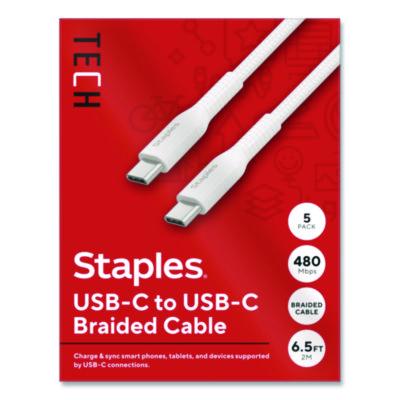 Staples TECH USB-C to USB-C 2.0 Charging Cable USB-C to USB-C 2.0 Charging Cable, 6.5 ft, White, 5/Pack