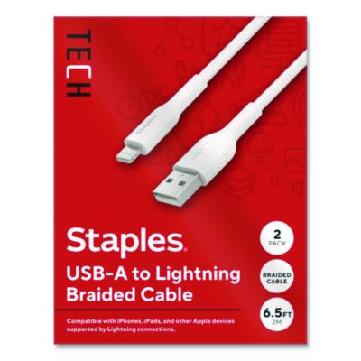 Staples TECH Lightning to USB-A 2.0 Charging Cable Lightning to USB-A Charging Cable, 6.6 ft, White, 2/Pack