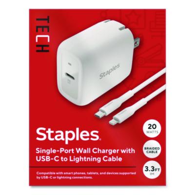 Staples TECH USB-C Wall Charger USB-C Wall Charger with Cable, 20 W, 1 Port, White
