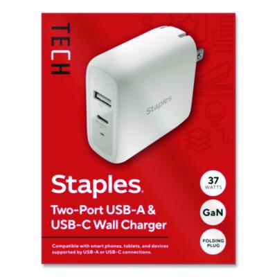 Staples TECH GaN USB-A/USB-C Wall Charger GaN USB-A/USB-C Wall Charger, 37 W, 2 Ports, White