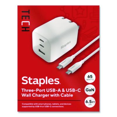Staples TECH GaN USB-A/USB-C Wall Charger GaN USB-A/USB-C Wall Charger with Cable, 65 W, 3 Ports, White