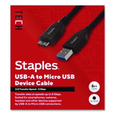 Staples TECH USB-A to Micro USB Type-B Cable USB-A to Micro USB Type-B Cable, 6 ft, Black