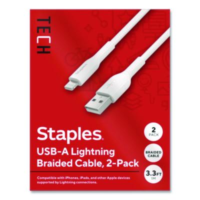 Staples TECH Lightning to USB-A 2.0 Charging Cable Lightning to USB-A Charging Cable, 3.3 ft, White, 2/Pack