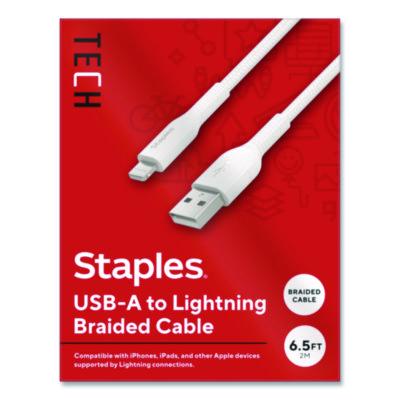 Staples TECH Lightning to USB-A 2.0 Charging Cable Lightning to USB-A Charging Cable, 6.6 ft, White