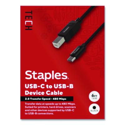 Staples TECH USB-C to USB-B 2.0 Cable USB-C to USB-B 2.0 Cable, 6 ft, Black