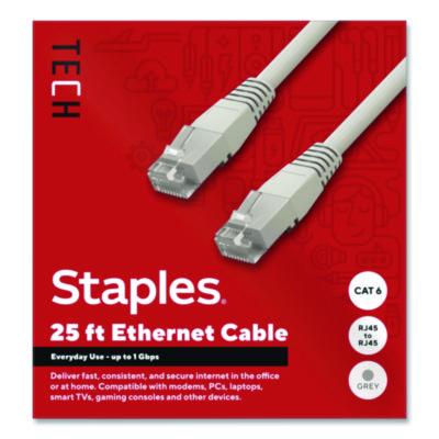 Staples TECH CAT6 Ethernet Cable CAT6 Ethernet Cable, 25 ft, Gray