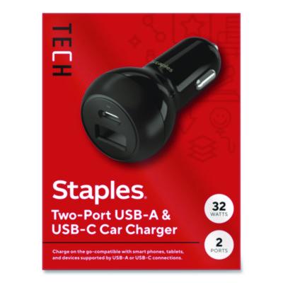 Staples TECH USB-A/USB-C Car Charger USB-A/USB-C Car Charger, 32 W, Two Ports, Black
