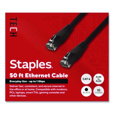 Staples TECH CAT6 Ethernet Cable CAT6 Ethernet Cable, 50 ft, Black, 10/Pack
