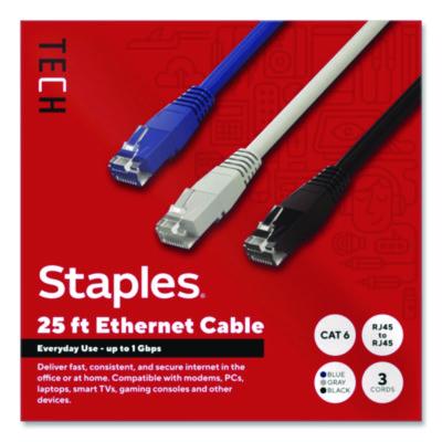 Staples TECH CAT6 Ethernet Cable CAT6 Ethernet Cable, 25 ft, Assorted Colors, 3/Pack