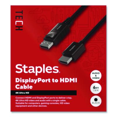 Staples TECH DisplayPort to HDMI Audio/Video Cable DisplayPort to HDMI Audio/Video Cable, 6 ft, Black