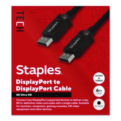 Staples TECH 8K DisplayPort to DisplayPort Audio/Video Cable 8K DisplayPort to DisplayPort Audio/Video Cable, 6 ft, Black