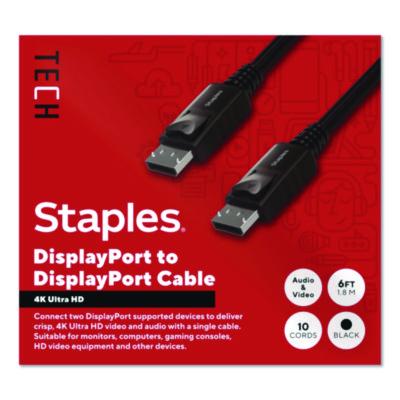 Staples TECH 4K DisplayPort to DisplayPort Audio/Video Cable 4K DisplayPort to DisplayPort Audio/Video Cable, 6 ft, Black, 10/Pack