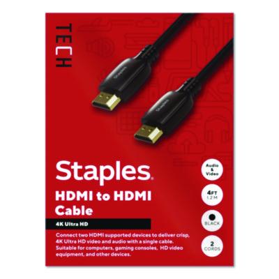 Staples TECH HDMI to HDMI Audio/Video Cable HDMI to HDMI Audio/Video Cable, 4 ft, Black, 2/Pack