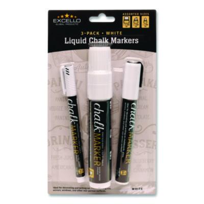 Excello Global Products® Liquid Chalk Markers, Assorted Tip Sizes and Types, White, 3/Pack