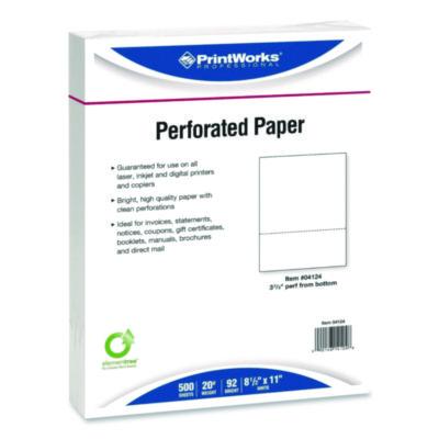 PrintWorks® Perforated Paper, 92 Bright, Perforated 3.66" from Bottom, 8.5 x 11, White, 500 Sheets/Ream, 5 Reams/Carton