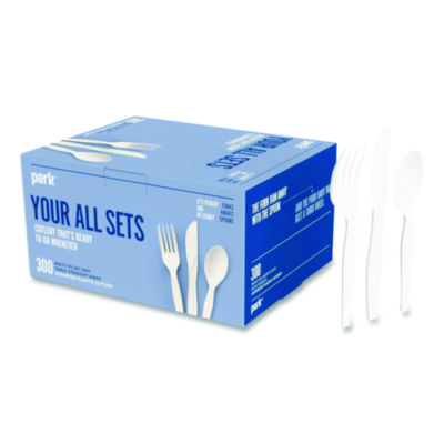 Perk+Mediumweight+Plastic+Cutlery+Fork%2fKnife%2fTeaspoon+White+100+Sets%2fPack