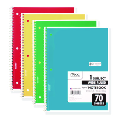 Mead Spiral 1-Subject Wide Rule Notebook 8x10.5 Random Assorted Color 4Ct 72873