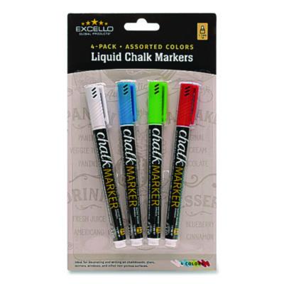 Excello Global Products® Liquid Chalk Markers, Fine Bullet Tip, Assorted Colors, 4/Pack