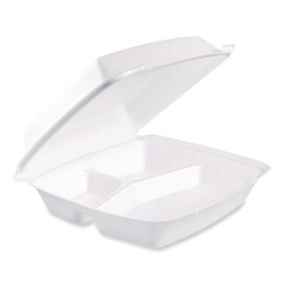 Dart® Foam Hinged Lid Containers, 3 Compartments, 9.5 x 10.26 x 3.4, White, 200/Carton