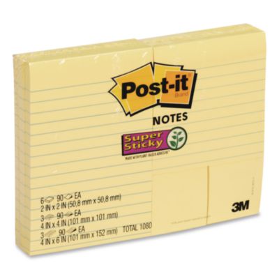Post-it® Canary Yellow Pads Combo Pack, (6) Unruled 1.88 x 1.88, (3) Note Ruled 4 x 4, (3) Note Ruled 4 x 6, 90 Sheets/Pad, 12 Pads/PK