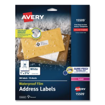Avery® Waterproof Film Address Labels with Sure Feed Technology. Laser, 1 x 2.63, White, 30/Sheet, 10 Sheets/Pack