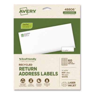 EcoFriendly Recycled Return Address Labels Inkjet/Laser 0.66 x 1.75 White 60/Sheet 10 Sheets/Pack 48806 EcoFriendly+Recycled+Return+Address+Labels+Inkjet%2fLaser+0.66+x+1.75+White+60%2fSheet+10+Sheets%2fPack+48806
