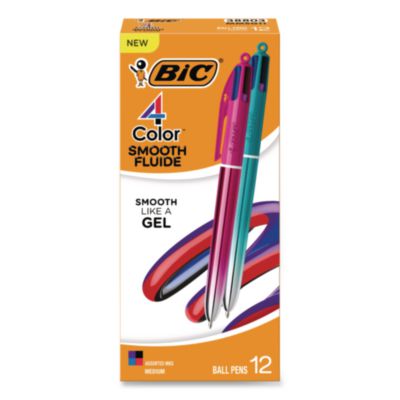 BIC® 4-Color Smooth Multi-Color Ballpoint Pen, Retractable, Medium 1mm, Black/Blue/Purple/Red Ink, Assorted Barrel Colors, 12/Pack