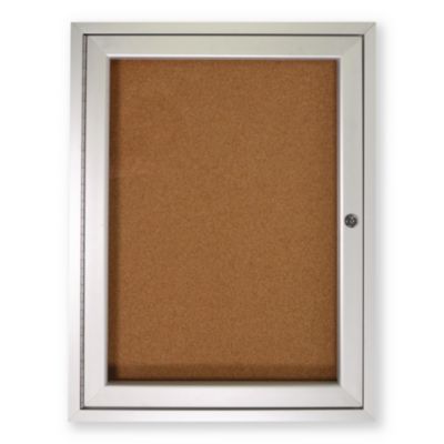 Ghent 1 Door Enclosed Natural Cork Bulletin Board with Satin Frame 1 Door Enclosed Natural Cork Bulletin Board with Satin Frame, 18" x 24", Tan Surface, Satin Aluminum Frame
