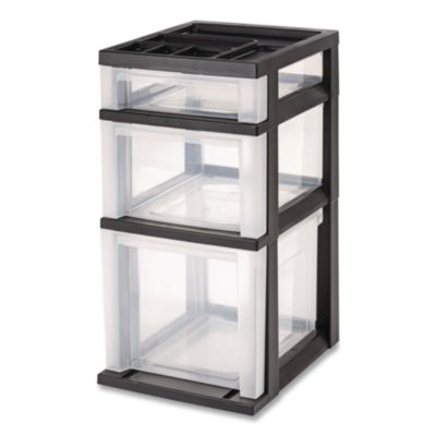 IRIS Three-Drawer Stand with Plastic Organizer Top Three-Drawer Stand with Plastic Organizer Top, Plastic, 12.08 x 14.87 x 24, Clear/Black