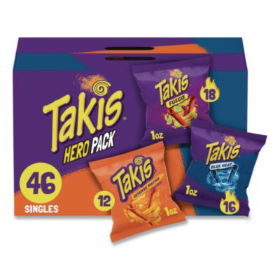 Takis® Hero Pack Tortilla Chips, Blue Heat/Fuego/Intense Nacho, 1 oz Bag, 46/Carton