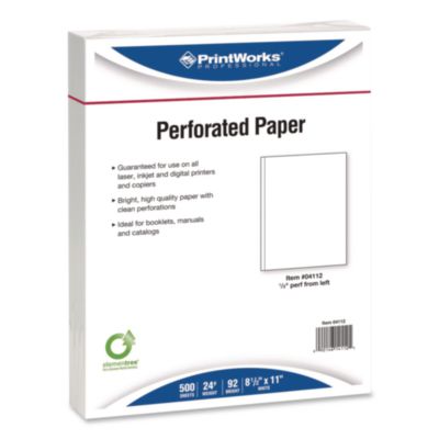 PrintWorks® Perforated Paper, 92 Bright, Perforated 0.5" from Left, 24 lb Bond Weight, 8.5 x 11, White, 500 Sheets/Ream, 5 Reams/Carton