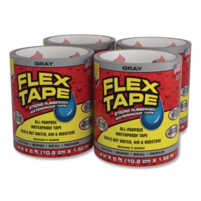Flex Seal Products® Flex Tape Strong Rubberized Waterproof Tape, 4" Core, 39 mil Thick, 4" x 5 ft, Gray, 4/Carton