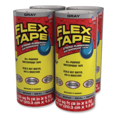 Flex Seal Products® Flex Tape Strong Rubberized Waterproof Tape, 4" Core, 39 mil Thick, 8" x 5 ft, Gray, 4/Carton