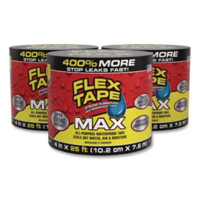 Flex Seal Products® MAX Strong Rubberized Waterproof Tape, 4" Core, 39 mils Thick, 4" x 25 ft, Black, 3/Carton