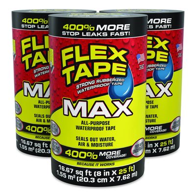 Flex Seal Products® MAX Strong Rubberized Waterproof Tape, 4" Core, 39 mils Thick, 8" x 25 ft, Black, 3/Carton