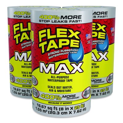 Flex Seal Products® MAX Strong Rubberized Waterproof Tape, 4" Core, 39 mils Thick, 8" x 25 ft, Clear, 3/Carton