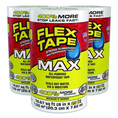 Flex Seal Products® MAX Strong Rubberized Waterproof Tape, 4" Core, 39 mils Thick, 8" x 25 ft, White, 3/Carton