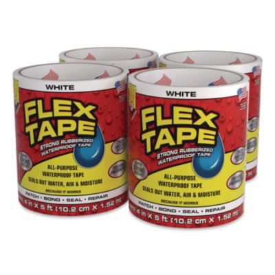 Flex Seal Products® Flex Tape Strong Rubberized Waterproof Tape, 4" Core, 39 mil Thick, 4" x 5 ft, White, 4/Carton