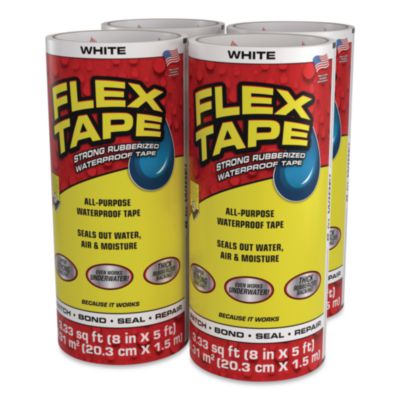 Flex Seal Products® Flex Tape Strong Rubberized Waterproof Tape, 4" Core, 39 mil Thick, 8" x 5 ft, White, 4/Carton