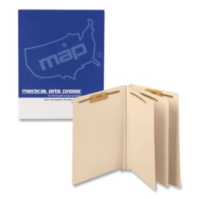 Medical Arts Press® Heavy-Duty End Tab Classification Folders, Straight Tab, Expands 3", 2 Dividers, 6 Fasteners, Letter Size, Manila, 75/Box