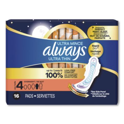 Always® Ultra Thin Overnight Pads with Wings, Size 4, Overnight Absorbency, 16/Pack, 6 Packs/Carton