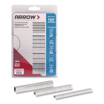 Arrow T50® Heavy Duty Staples, 0.25" Leg/0.38" Leg/0.5" Leg, 0.41" Crown, Silver, 1,875/Box