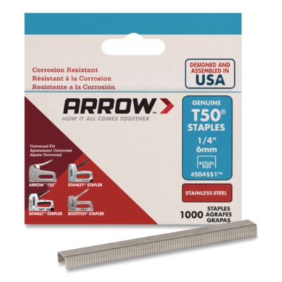 Arrow T50® Heavy Duty Staples, 0.25" Leg, 0.37" Crown, Silver, 1,000/Box