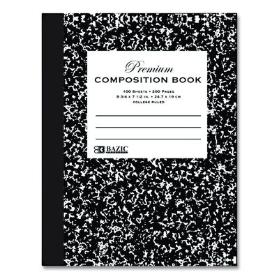 BAZIC® Composition Books, 1 Subject, Medium/College Rule, Black Marble Cover, (100) 9.75 x 7.5 Sheets