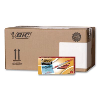 BIC® Round Stic Grip Xtra Comfort Ballpoint Pen, Easy-Glide System, Stick, Medium 1.2 mm, Red Ink, Gray/Red Barrel, 432/Carton