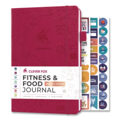 Clever Fox® Fitness and Food Journal, 90-Day Daily/Monthly Format, Engraved Health/Athletics Artwork, Fushia Cover, 8.3 x 5.8 Sheets