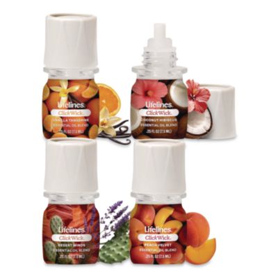 Lifelines® ClickWick Sunkissed Escape Essential Oil Set, Coconut Hibiscus/Desert Winds/Peach Velvet/Vanilla Tangerine, 0.25 oz Bottle