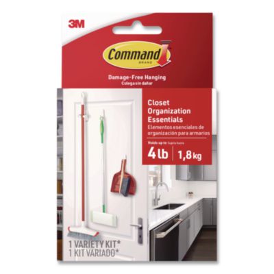 Command™ Closet Organization Essentials Variety Kit Closet Organization Essentials Variety Kit, Broom Gripper and (2) Utility Hooks, Plastic, White, Supports 4 lb, 3/Pack