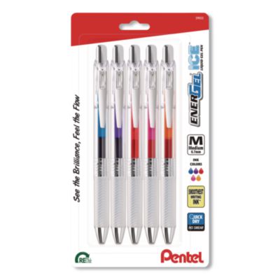 Pentel® EnerGel ICE RTX Liquid Gel Pen, Retractable, 0.7 mm Medium, Assorted Ink, Clear Barrel, 5/Pack