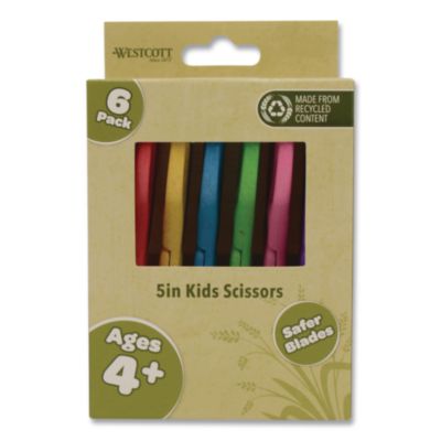 Westcott® KleenEarth Rice Husk Kids Scissors, Rounded Tip, 5" Long, 2" Cut Length, Straight Assorted Color Handles, 6/Pack